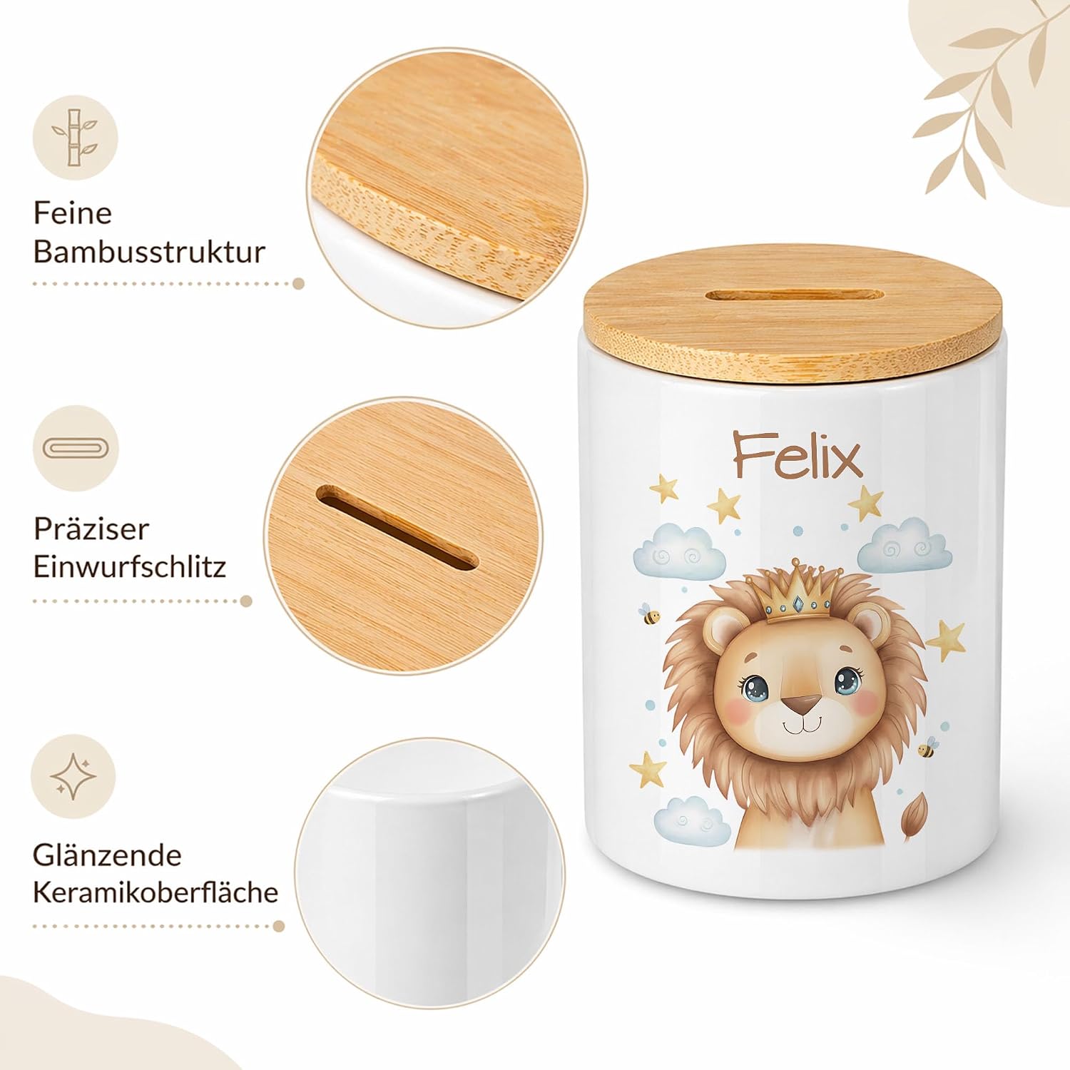 Personalised Bamboo Money Box with Name, Cute Lion Crown Design, Gift Children Birth Christening, Boys Baby Piggy Bank, Cute Wish Filler – Bild 5