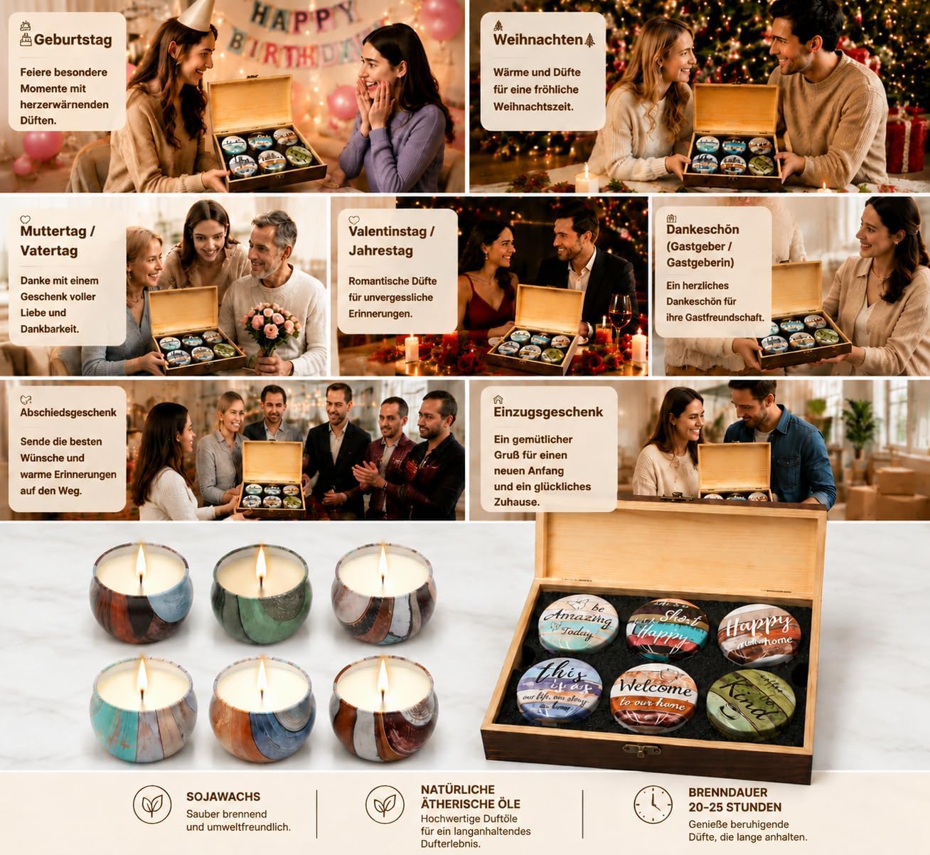 Gifts for Women Scented Candles Set with Decorative Wooden Box Set of 6 Candles with Sayings Natural Soy Wax Candle for Birthday Gift Set for Men and Women – Bild 5