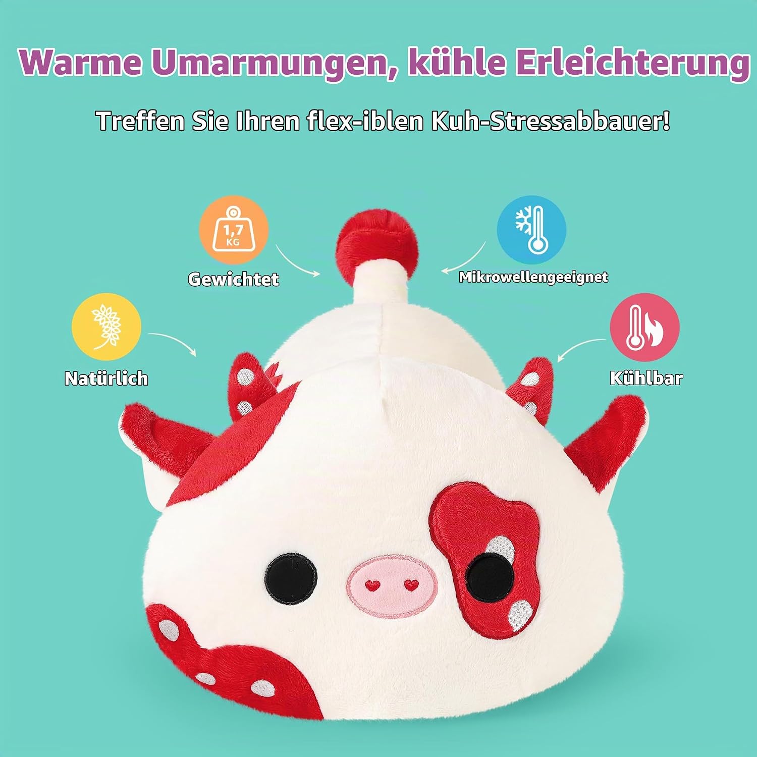 shownicer Heat Cushion Soft Toy Cow 1.7 kg Heat Cuddly Toy Cow Warming in the Microwave Warming Plush Cushion Weight Animals Plush Toy Cow Gift for Adults Children 3+ Years (Red, 50 cm) – Bild 2