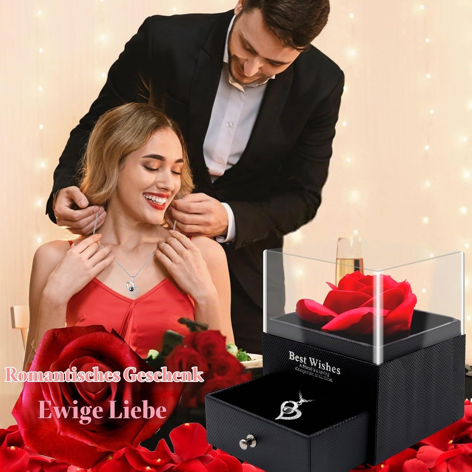 Eternal Rose with Chain, Eternal Rose Box, Valentine's Day Necklace, Heart Chain, Jewellery Gift Box, with I Love You Necklace for Valentine's Day, Mother's Day, Christmas, Wedding, Anniversary, Birthday Gift for Women – Bild 3