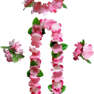 Hawaii Necklace Set, Flower Wreath, Hawaiian Necklace, Flower Necklace + Bracelet + Hair Band for Hawaiian Party Decoration, Carnival, Beach, Birthday, Wedding for Men and Women (9#)