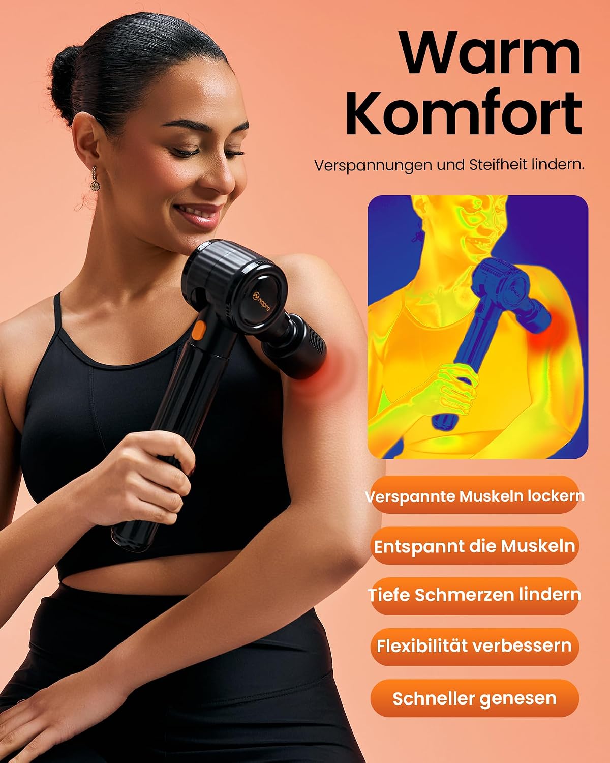 NAPRE Massage Gun with Heat and Cold, Massage Gun with Extension Handle, Adjustable Angles, Muscle Percussion Massager for Back, Neck, Body Relaxation, 6 Heads and Case – Bild 4
