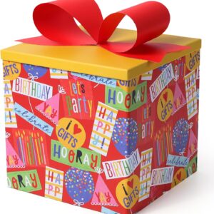 BIOBROWN Medium Gift Boxes with Lids, 22 x 22 x 22 cm, Colourful Party Pop Design, Foldable, Ideal for Birthdays, Baby Showers and Other Celebrations