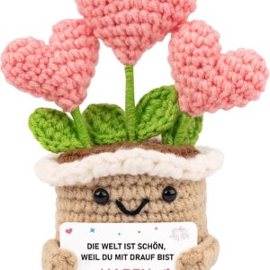 WITCOLOR Birthday Gifts for Women & Men – Handmade Crochet Heart Flower with Motivational Card – Funny Gift Idea for Mum, Best Friend, Sister, Colleagues – Handmade Decoration