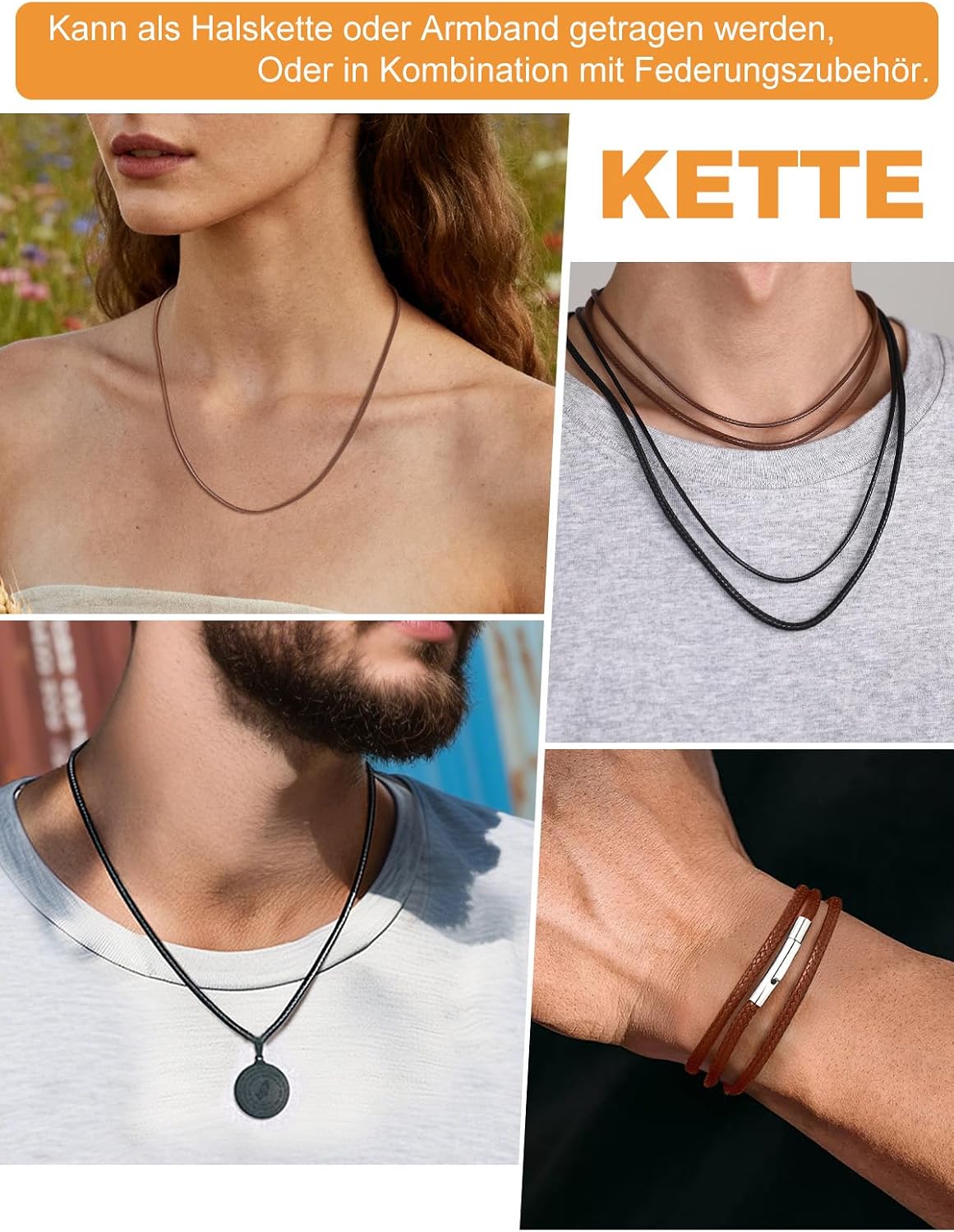 Richsteel Stainless Steel 2 mm / 3 mm Wide Versatile Unisex Leather Necklace with High Quality Name/Numbers/Engraving Black/Brown Genuine Leather with Screw Clasp – Bild 2