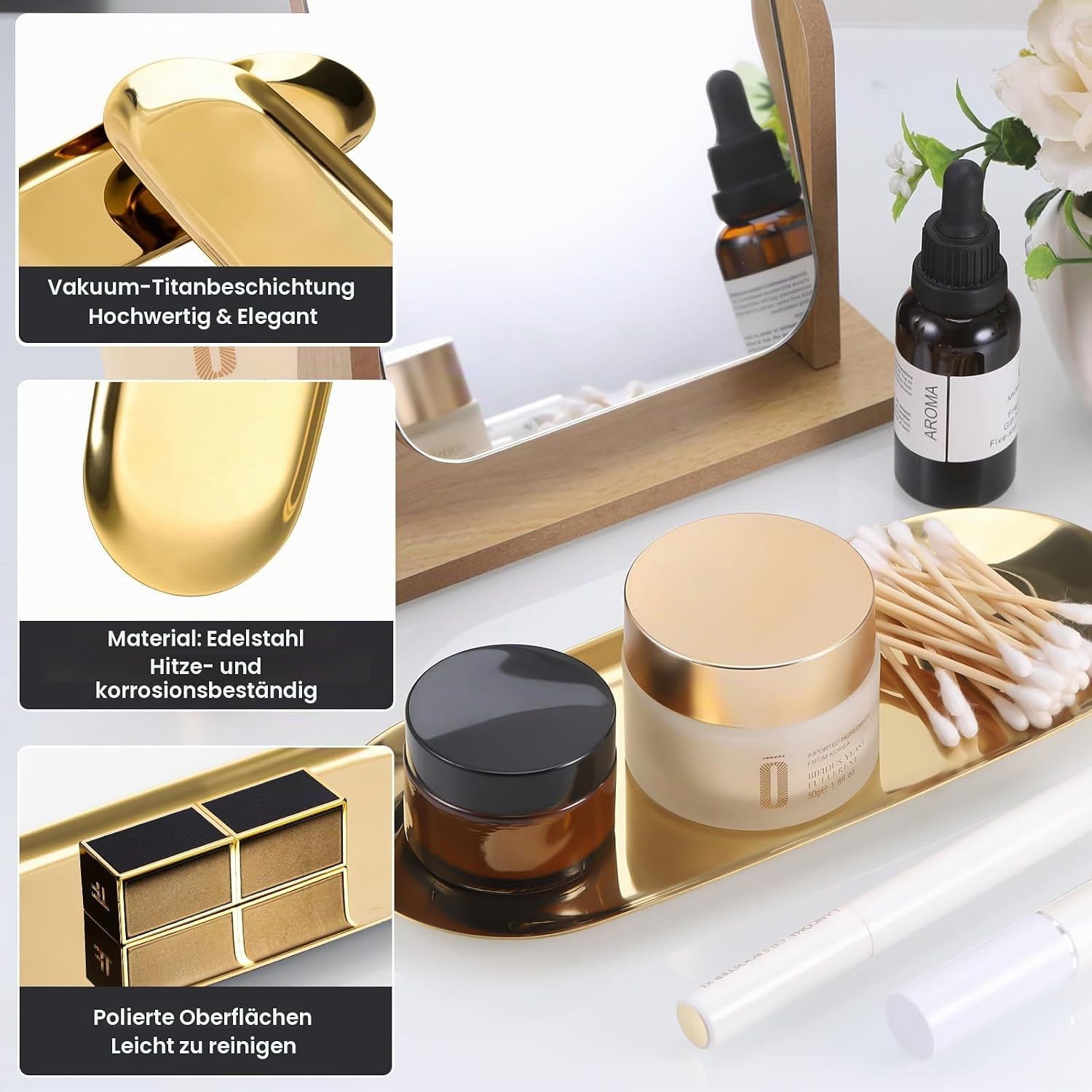 Fentar Set of 2 Gold Trays, Stainless Steel Small Candle Plate, Gold, Jewellery Stand, Decorative Tray, Oval Serving Tray, Elegant Golden Mini Decoration for Jewellery, Desserts, Snack, Coffee – Bild 3