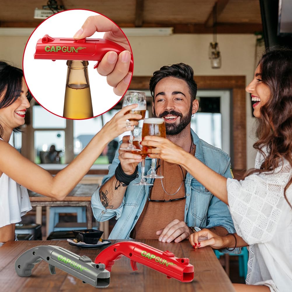 Bottle Opener Gun, Pack of 2 Funny Shot Bottle Openers, Bottle Openers Funny for Birthday, Party, Bar, Home and Shooter, Bottle Cap Games, Beer Gifts for Men, Red, Grey – Bild 7