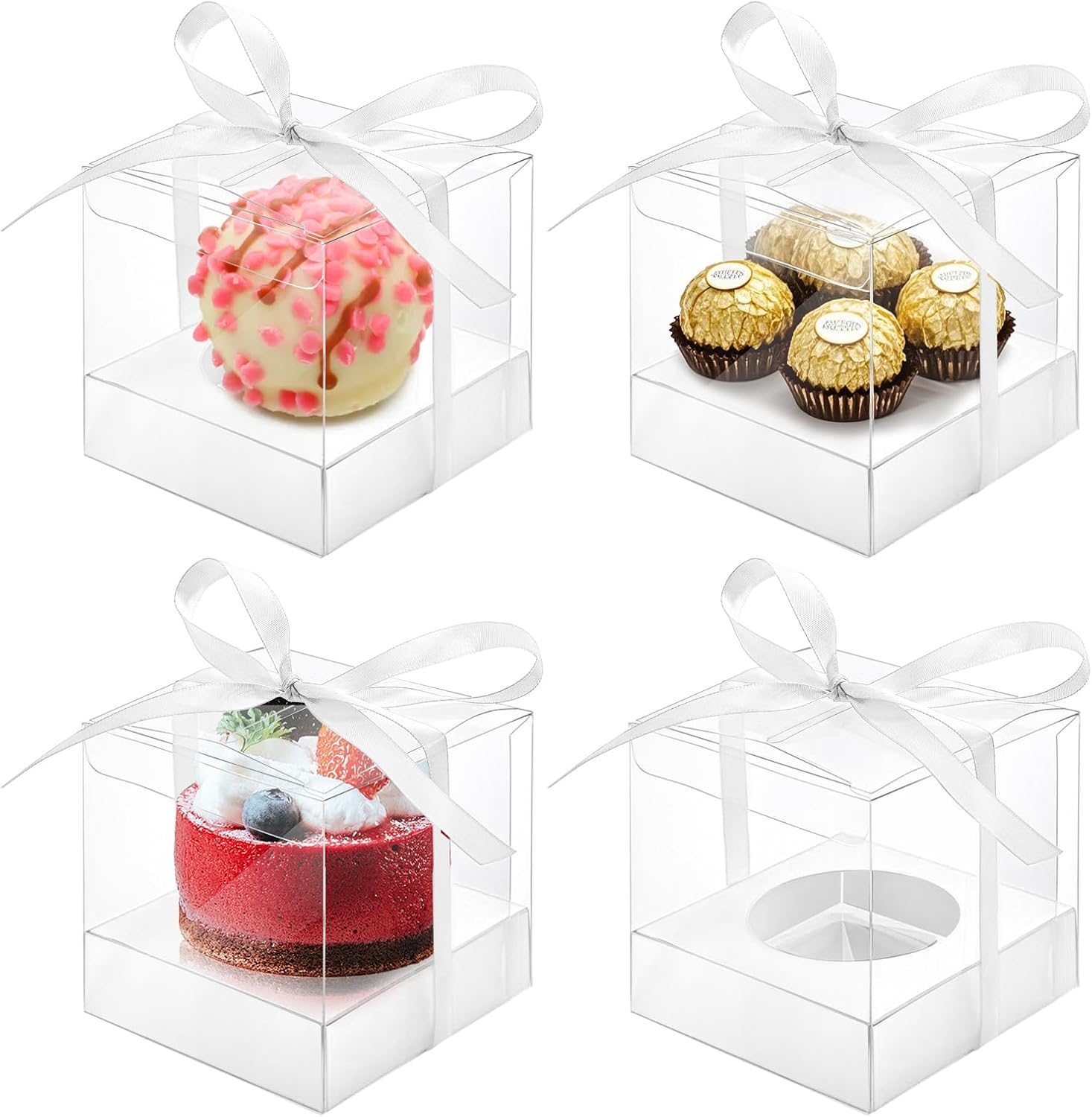 Cididu Transparente Cupcake-Box für einzelne Cupcakes, 8,9 cm, Kunststoff, Mini-Cupcake-Aufbewahrungshalter mit Bändern, Ornament, Süßigkeiten, Geschenk-Box für Party, Hochzeit, Babyparty, 50 Stück – Bild 4