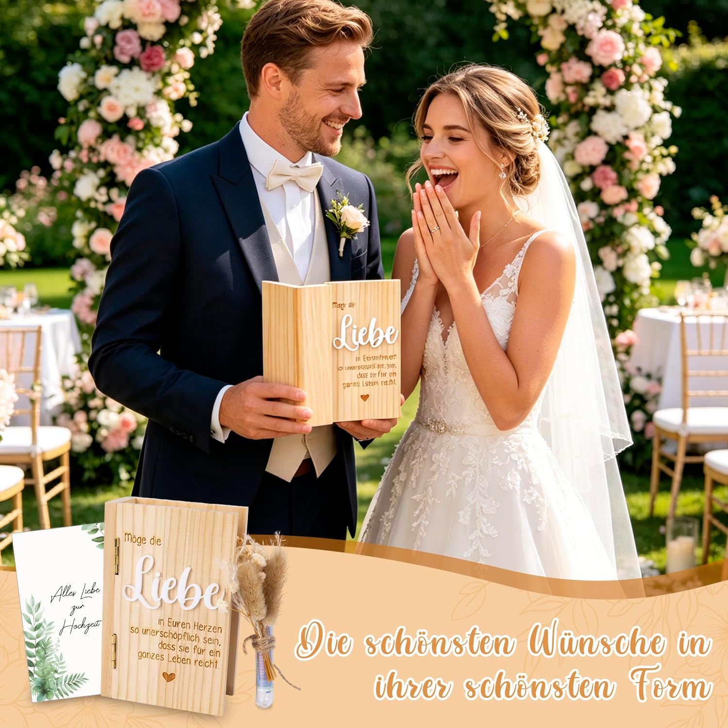 Money Gift Wedding Wooden Money Gift - Wedding Gift Wooden Box in Book Shape Creative Gift Bride and Groom Wedding Memory Box Set with Test Tube Fairy Lights Dried Flowers Greeting Cards – Bild 8