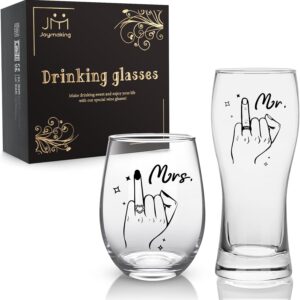 Joymaking Wine Glass & Beer Glass Set for Couples, Wedding Gifts for Newlyweds, Small Gifts for Wedding, Engagement Gift, Couple Gifts, Partner Gifts Set