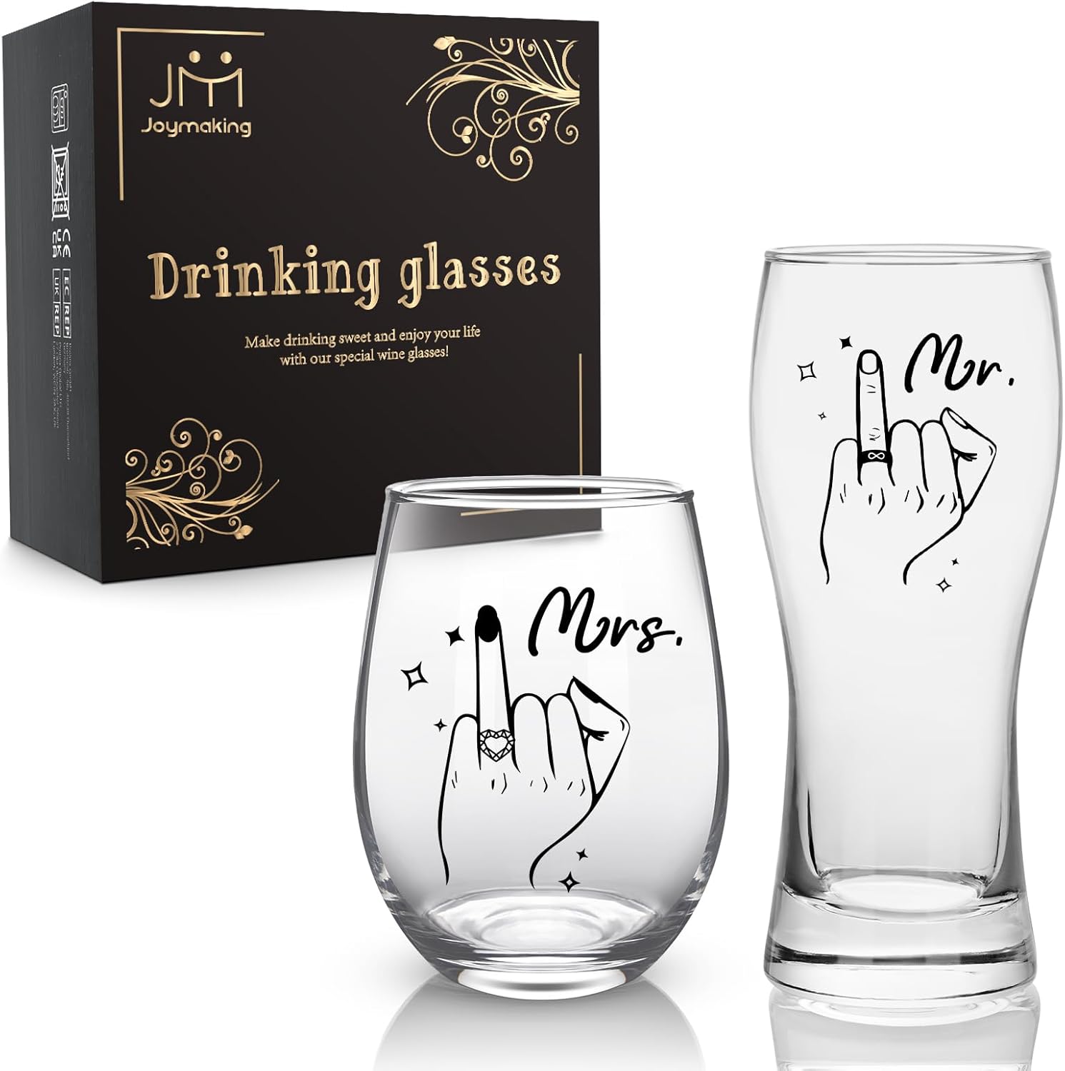 Joymaking Wine Glass & Beer Glass Set for Couples, Wedding Gifts for Newlyweds, Small Gifts for Wedding, Engagement Gift, Couple Gifts, Partner Gifts Set