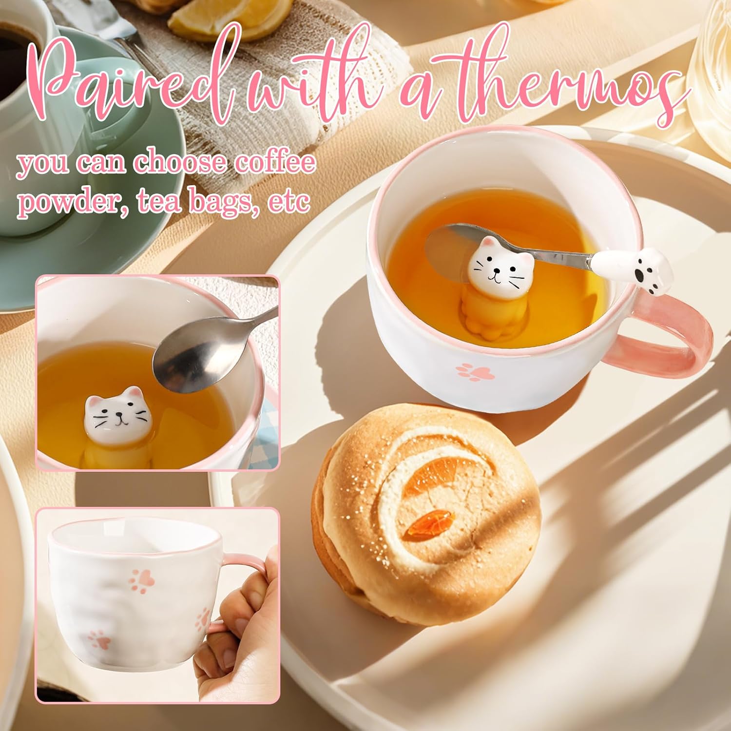 Cute Things Ceramic Cat Coffee Cup, Tea Cup with Lid and Spoon, Funny Cups, Gifts for Women, Coffee Mug, Porcelain 3D Cup, Personalised Cappuccino Cup, Best Friend Christmas Gift – Bild 7