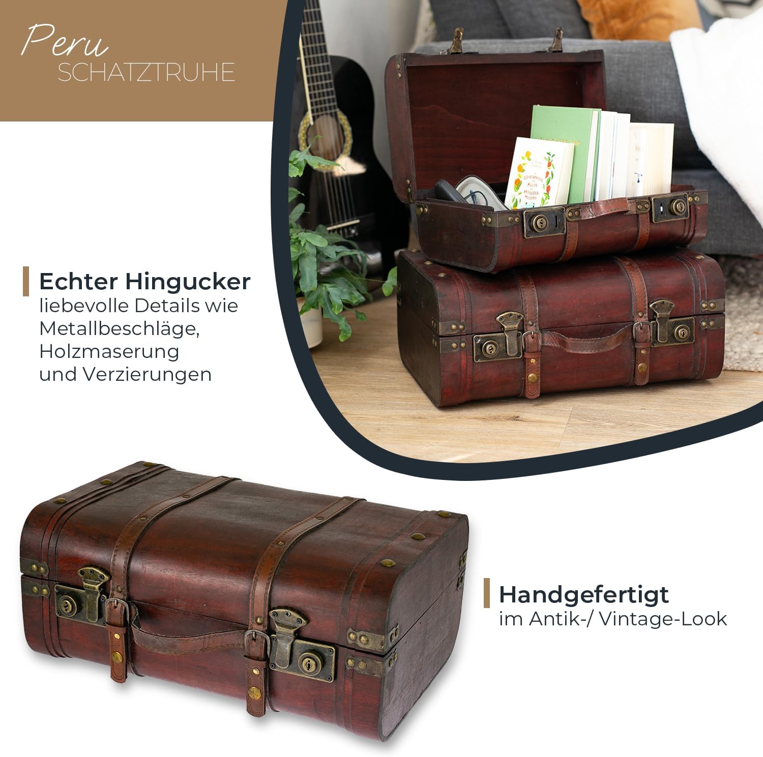 HMF 6412-145 Wooden Treasure Chest Vintage Suitcase, 45 x 30.5 x 20 cm, Large, Peru – Bild 2