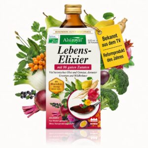 Alsiroyal Lebens-Elixir 520 ml – Micronutrient Elixir with 86 Ingredients from Fruit, Vegetables & Herbs + Manuka Honey MGO 500+ – Vitamin Drink without Preservatives & No Sweeteners – Also for