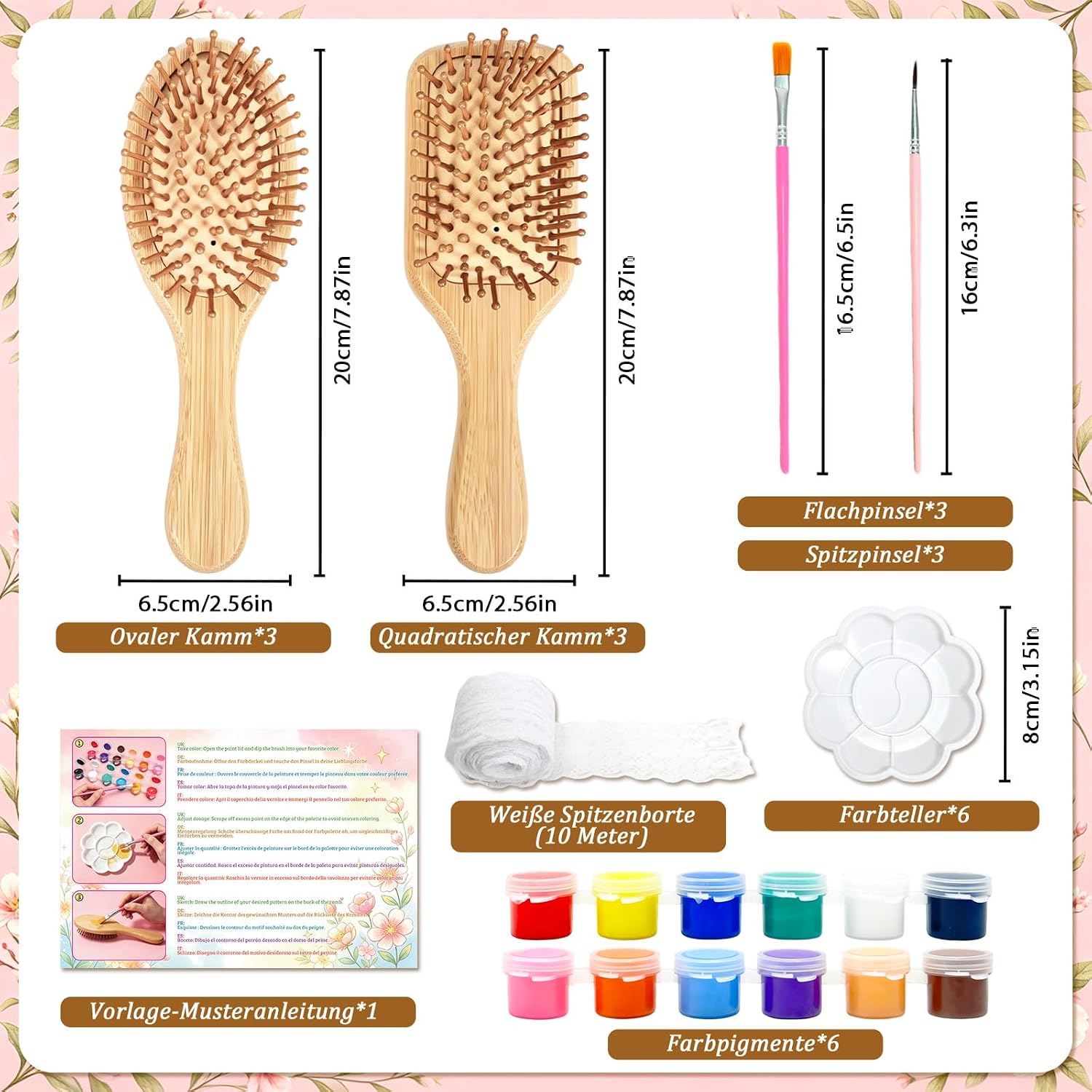 DIY Bamboo Hair Brush, 26 Hair Brushes, DIY Hair Brush for Painting, with 6 Hair Combs, 6 Brushes, 6 Pigments, 6 Palettes, Lace Ribbon for DIY Gift, Wedding Gift – Bild 2