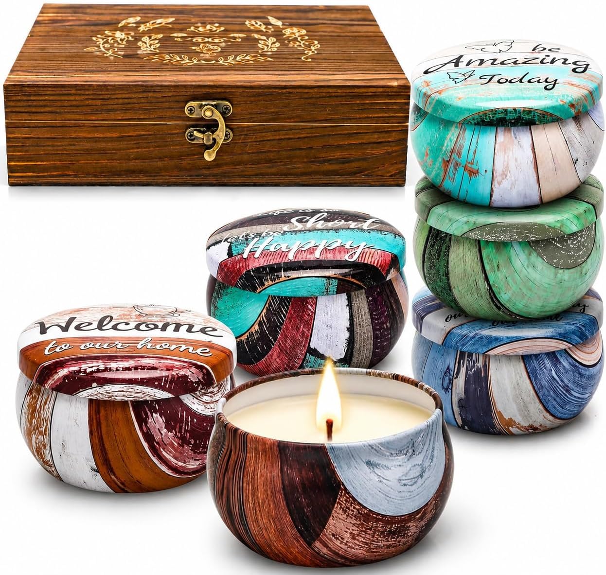 Gifts for Women Scented Candles Set with Decorative Wooden Box Set of 6 Candles with Sayings Natural Soy Wax Candle for Birthday Gift Set for Men and Women