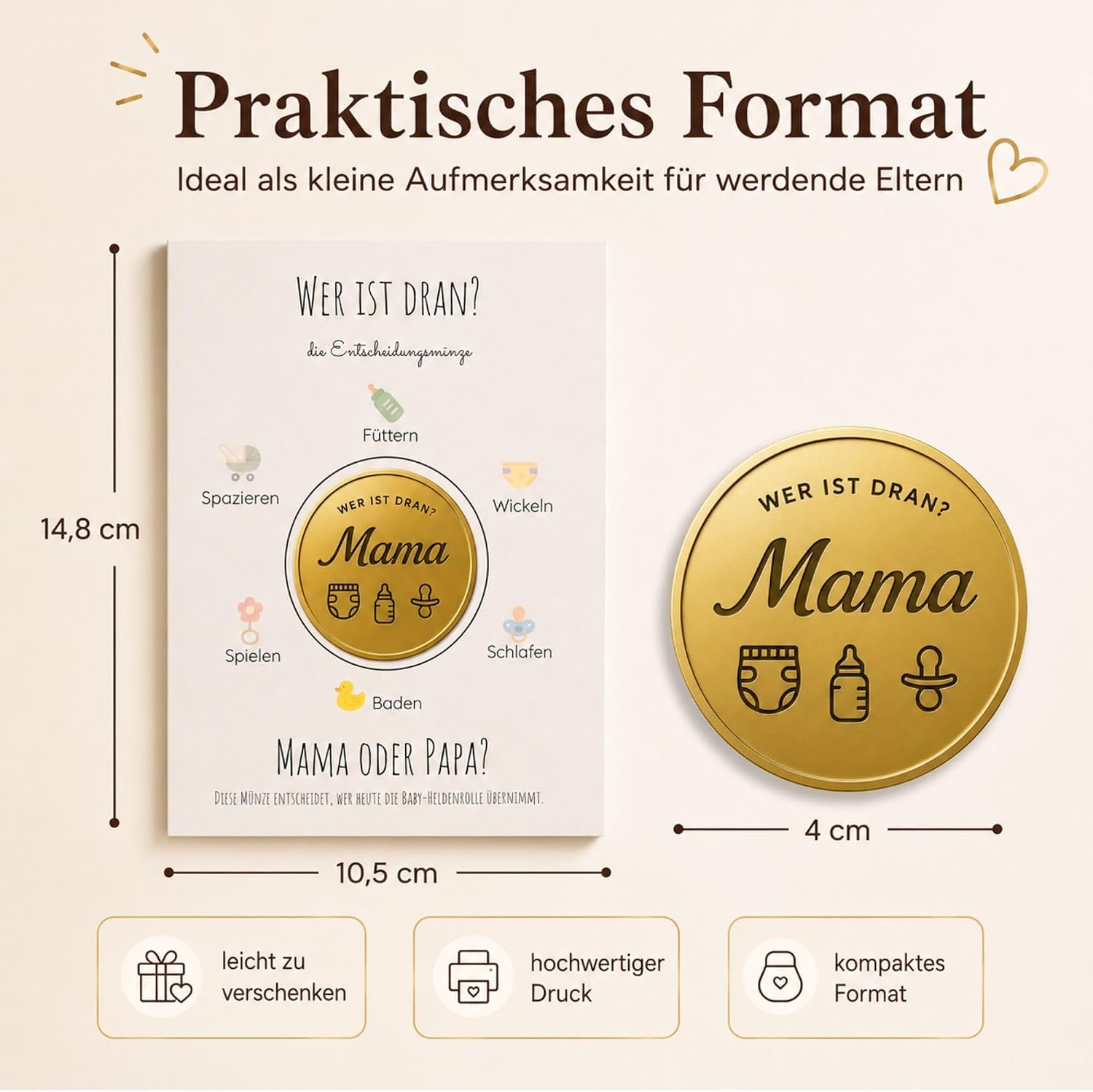 Milaboo® Mum or Dad Decision Coin - Golden Coin (4.5 cm) with Card - Funny Gift for New Parents, Baby Shower, Birth & Family Life (Gold) – Bild 5