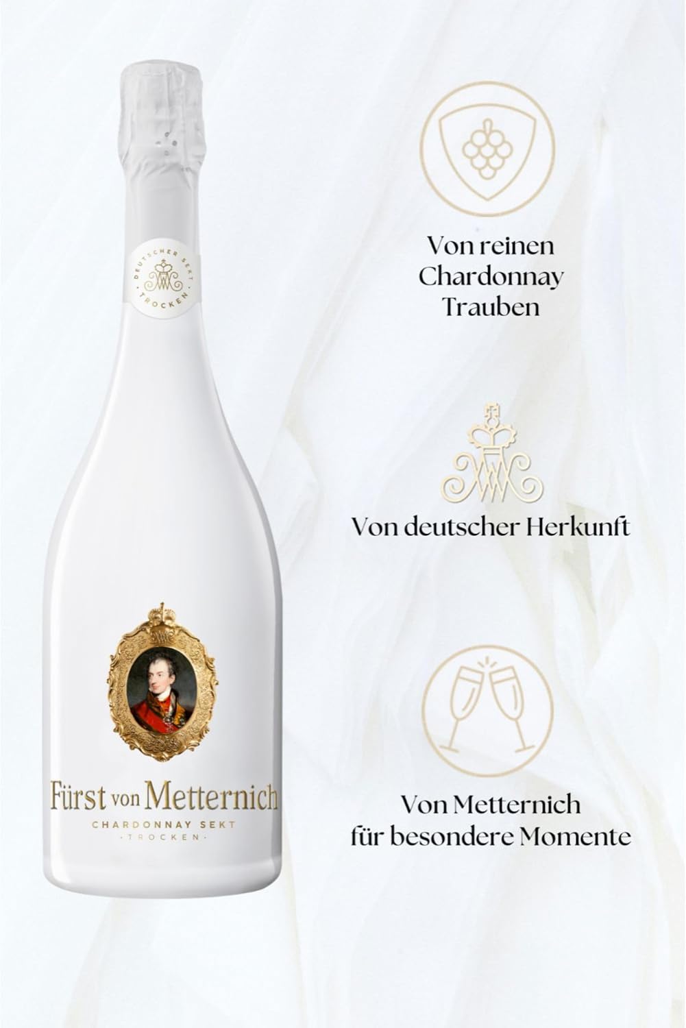 Fürst von Metternich Sparkling Wine (6 x 0.75 L) - Elegant White Bottle, Aromatic Bouquet with Pear, Melon and Mirabelle, Finely Balanced, High-Quality Chardonnay Cuvée from Rheingau – Bild 2