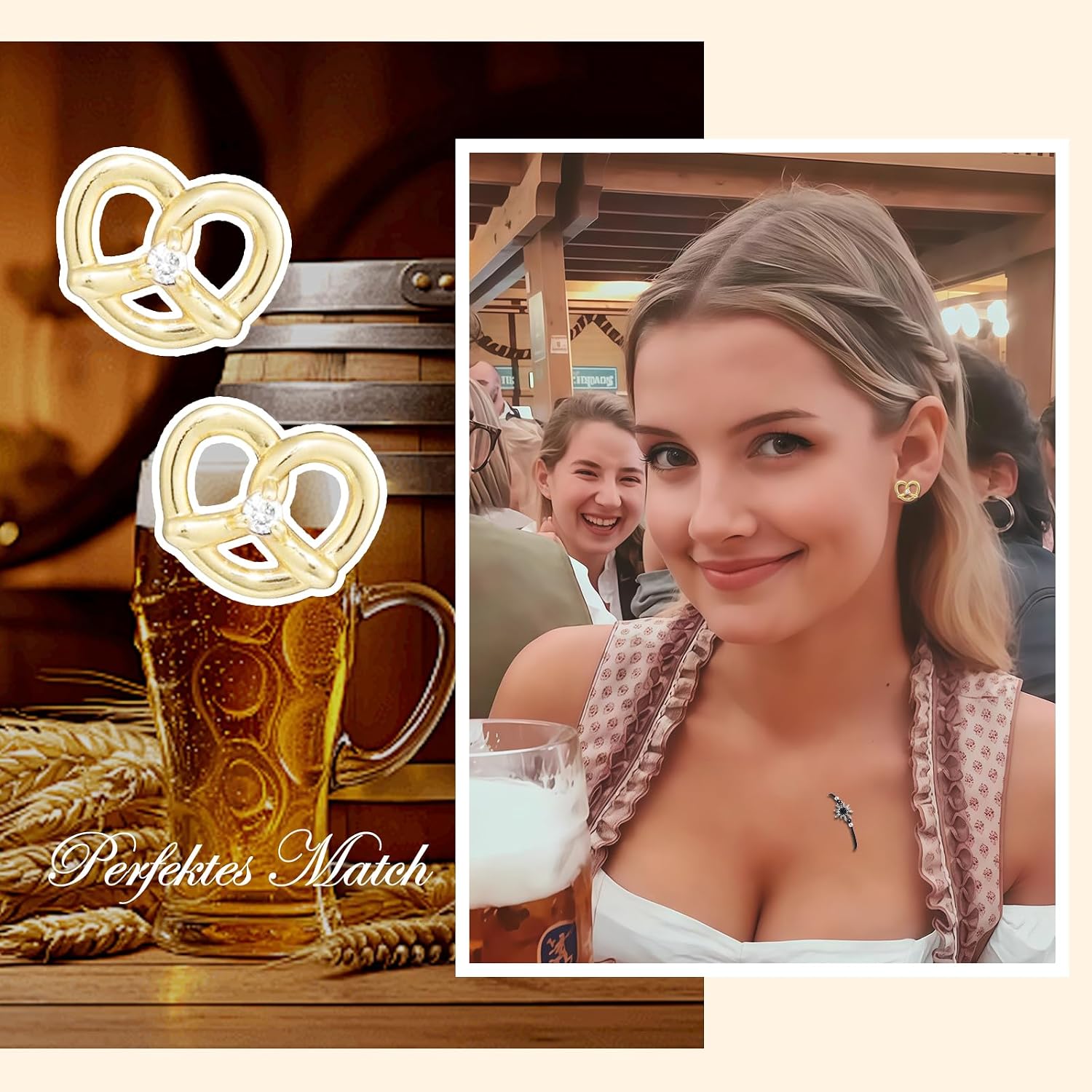 Oktoberfest Decoration, 4 Pairs of Stud Earrings with Edelweiss Stud Earrings, Silver and Pink Stones, Elk Antlers, Pretzel Earrings, Beer Lover Gift, Oktoberfest Accessories, Cute Girl Exotic, Boho – Bild 5