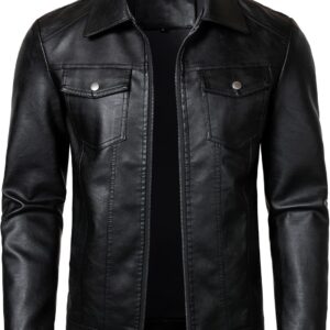 HOOD CREW Men’s PU Leather Jacket Motorcycle Biker Jackets Leisure Lightweight Faux Leather Jacket