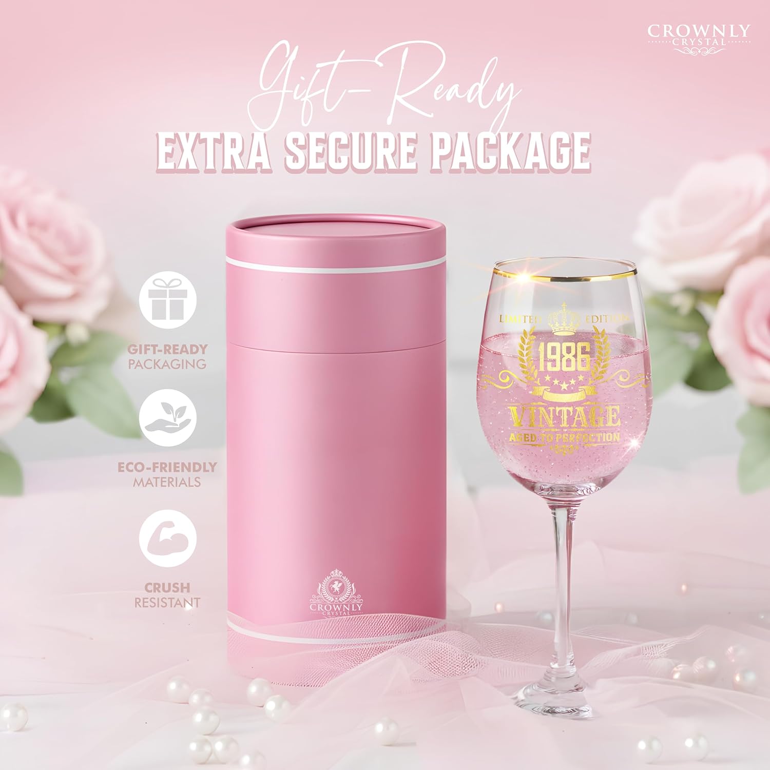 CROWNLY CRYSTAL® 1986 40th Birthday Gift Woman Personalised Wine Glass with Engraving Decorative Birthday Gift Grandma Mum Gift for Women – Bild 6