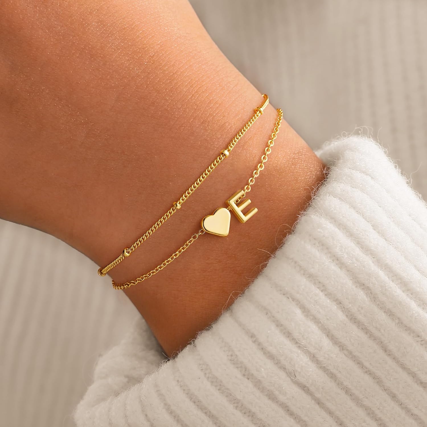 TINGN Women's Gold Silver Bracelet - 14K Gold Plated Heart Layered Bracelets Personalised Bracelet with Letters Monogram Alphabet Bracelet Women's Jewellery Gifts for Women Girlfriend Girls – Bild 2
