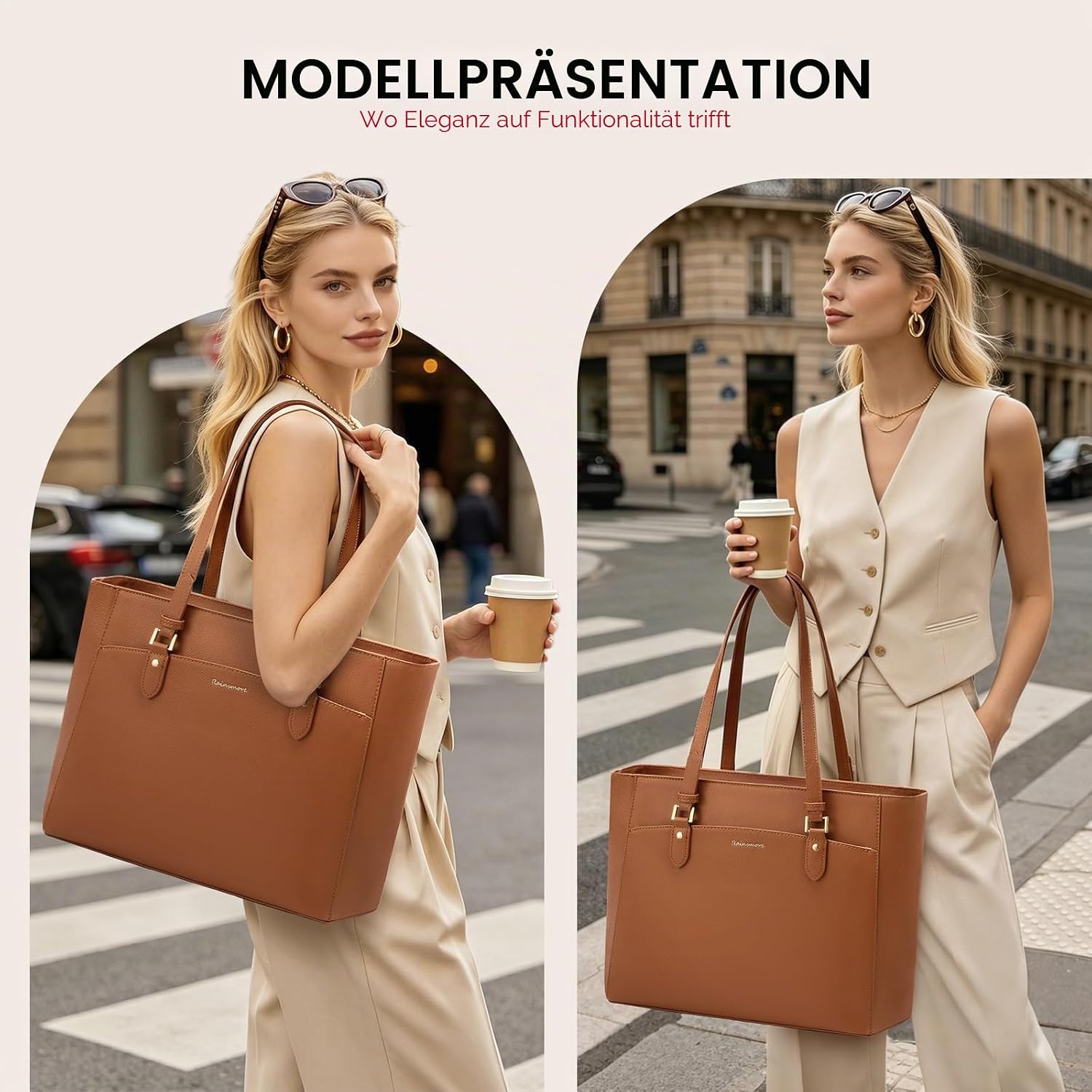 RAINSMORE Handbag Women's Large Shopper Bag Women's Waterproof PU Leather, brown, Shopper – Bild 2