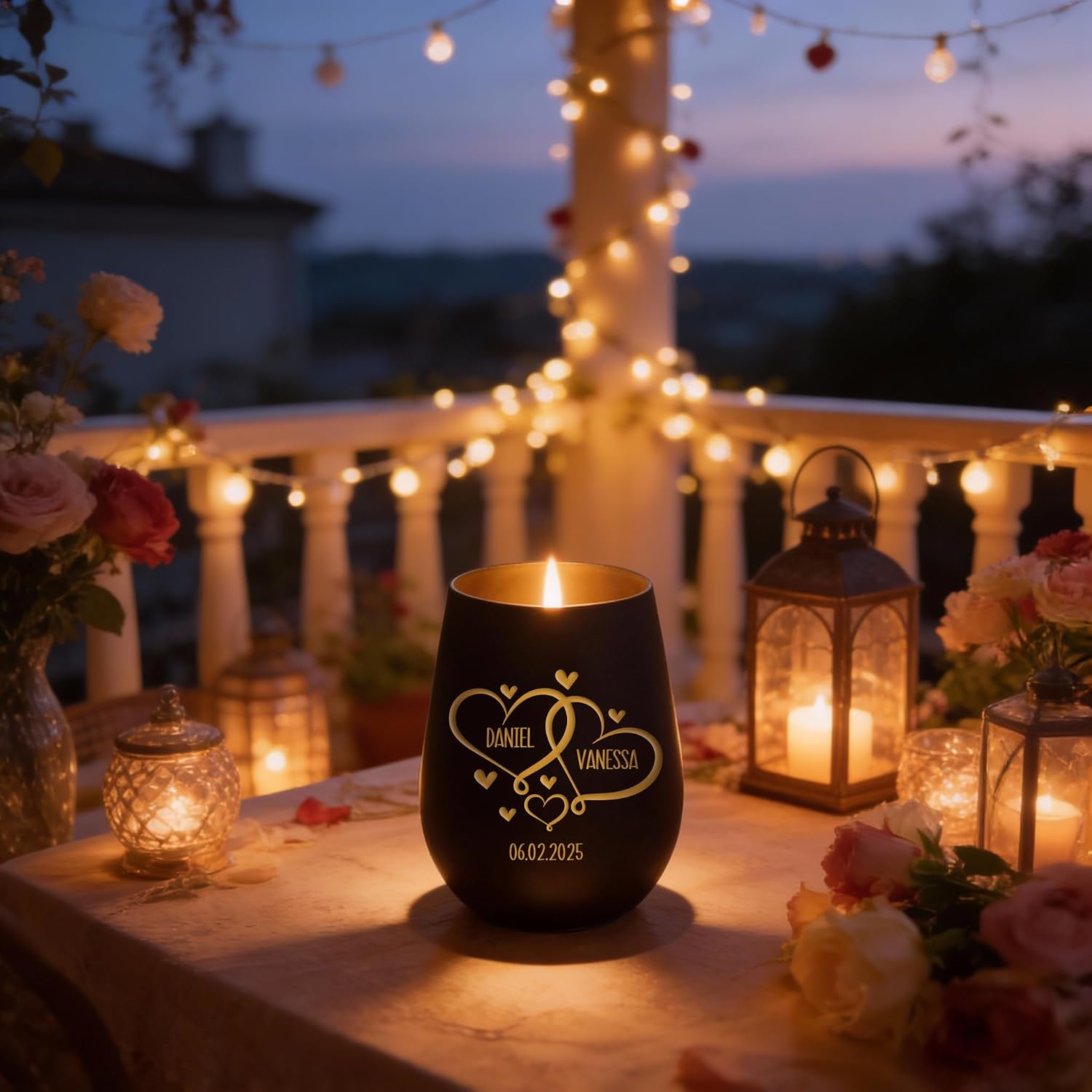 Engraved Lantern - Personalised Hearts with Name and Date - Anniversary Birthday or Valentine's Day Gift - Black – Bild 4
