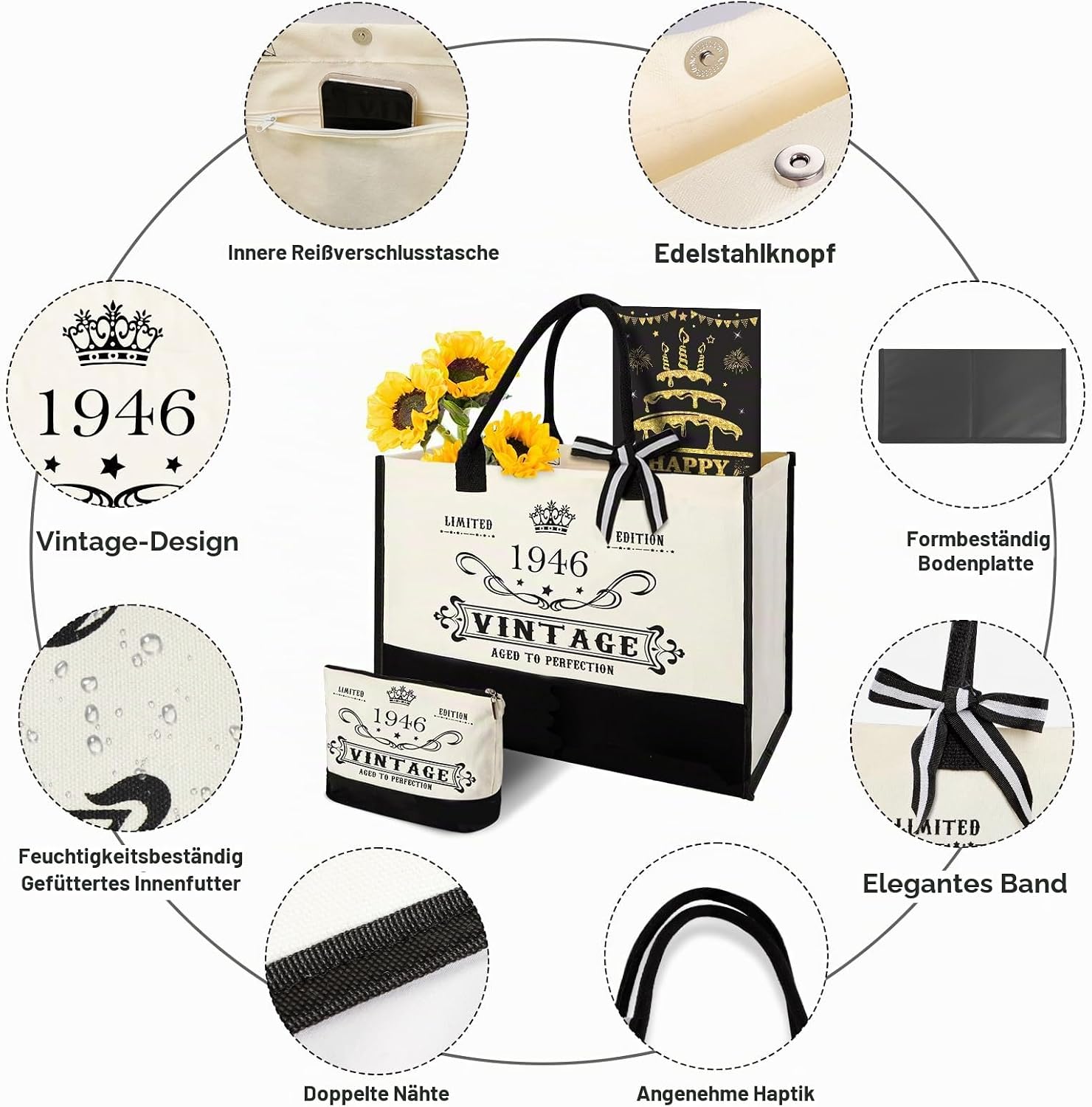80th Birthday Gift for Women Vintage 1946 Tote Bag Makeup Bag – Bild 3