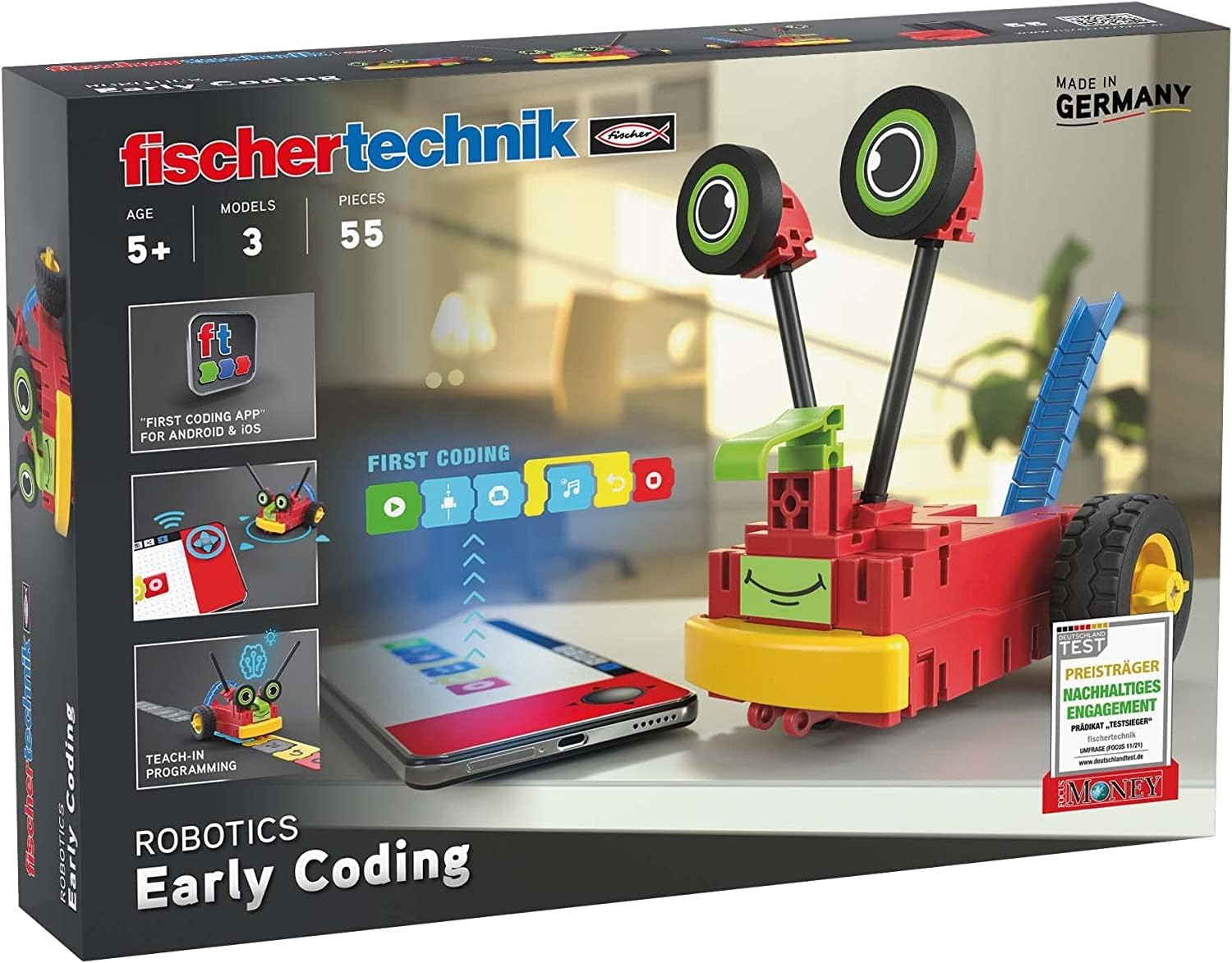 fischertechnik 559889 ROBOTICS Early Coding, Kit for Children from 5 Years, Experiment Box for 3 Robot Models, for Building & Programming, with Motors & Sensors