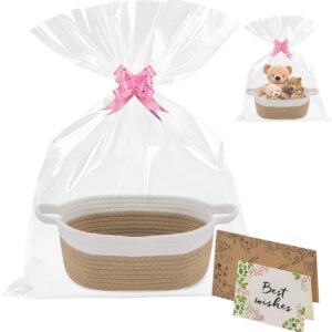 Empty Gift Basket, Cotton Egg Gift Basket, Empty with Gift Bags, Greeting Card and Ribbons, Braided Basket, Storage Basket with Handle for Birthdays, Baby Showers (Khaki White Combination)