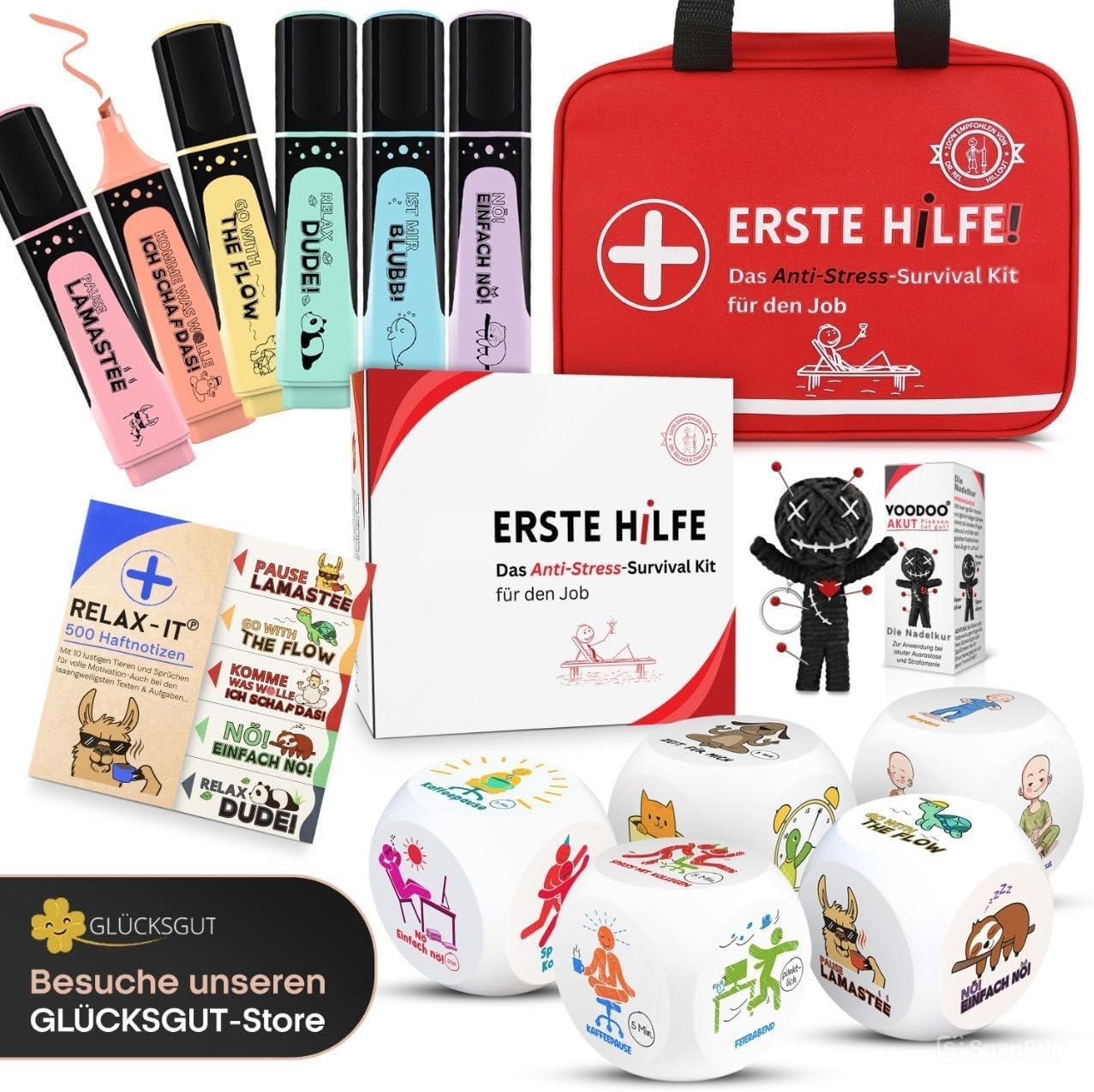 GLÜCKSGUT® Voodoo Doll with Needles | Pack of 3 | Gift Box & Instructions | Joke Medicine | Office Gift for Colleagues Coworker Boss | Anti Stress | Farewell | Office – Bild 7