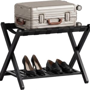 SMIBUY Luggage Rack, Foldable Bamboo Suitcase Stand with Storage Compartments for Guest Room, Bedroom, Hotel, Heavy Duty (Black)