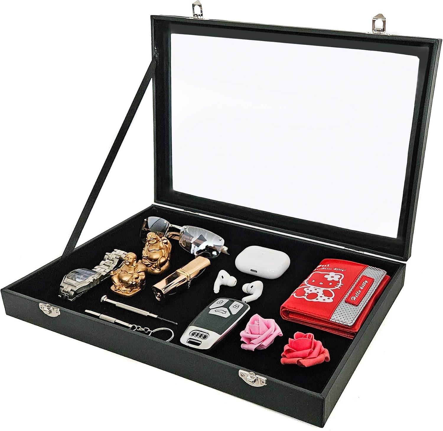 Yudu Multi-Purpose Display Case Jewellery Tray Glass Lid without Divisions Black – Bild 2