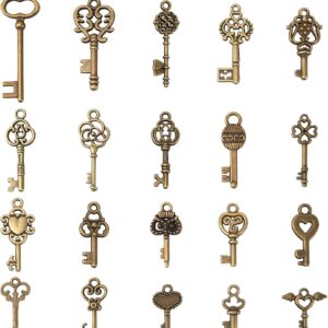 Vintage Keys, Pack of 20 Small Key Charms, Antique Charms Pendant Set, Bronze Skeleton Key Decoration for DIY Crafts, Necklace, Bracelets, Earrings, Jewellery, Key Ring Decoration