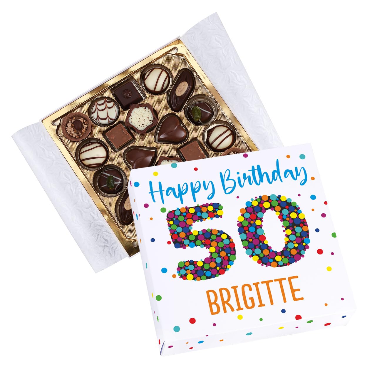 Herz & Heim Lindt 50th Birthday Mini Chocolates in Personalised Packaging (Full Size)