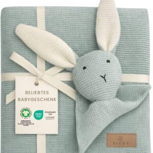 DIKOS® Original Baby Blanket Cuddly Rabbit Mint 100% Organic Cotton Newborn Blanket Sustainable Cuddly Blanket Knitted Girls Cuddle Blanket Pram Baby Gift Boy First Essentials Birth