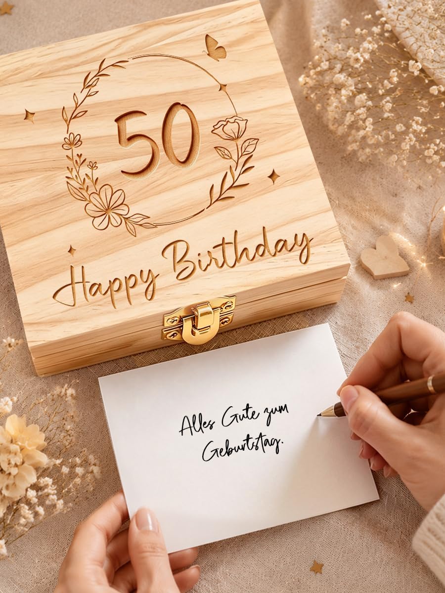 50th Birthday Wooden Money Gift with LED Fairy Lights, Gift Box for Money & Vouchers, Wooden Box with Dried Flowers and Card, 50th Birthday Gift for Women Men (50 Years) – Bild 6