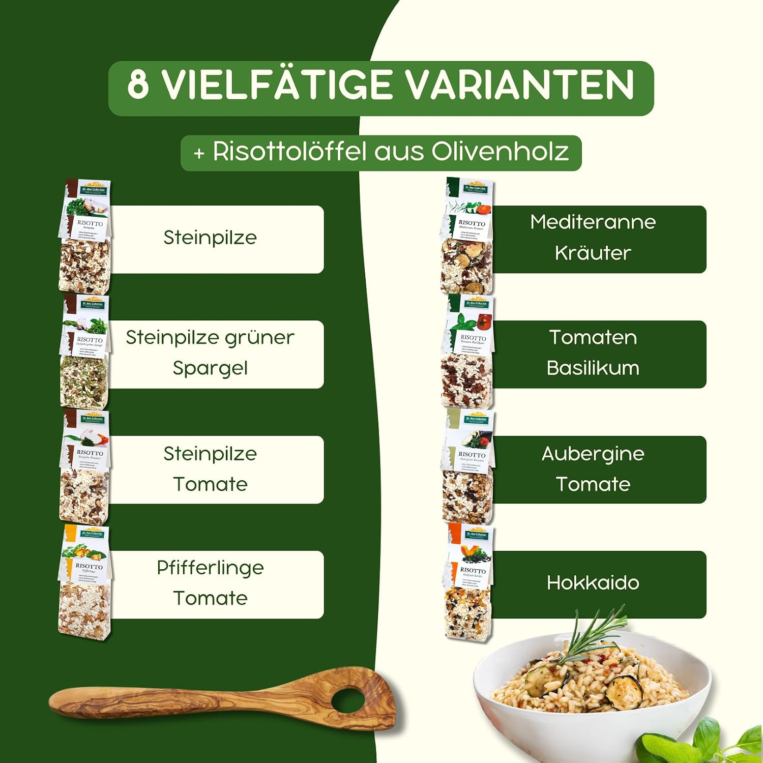 Dr. Ana Collection 8 vegan risottos including risotto spoon made of olive wood, delicatessen gift set, gift basket filled with fine from nature, Italian speciality – Bild 4