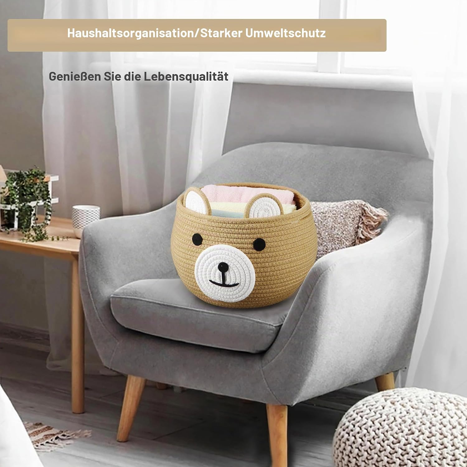 PandaEar Babykorb aus Baumwollseil, Baby-Geschenkkorb, Kinderzimmer, Wäsche-Organizer mit niedlichem Bären-Design zur Aufbewahrung von Säuglings- und Neugeborenen-Essentials, Windelkorb mit Griff – Bild 2