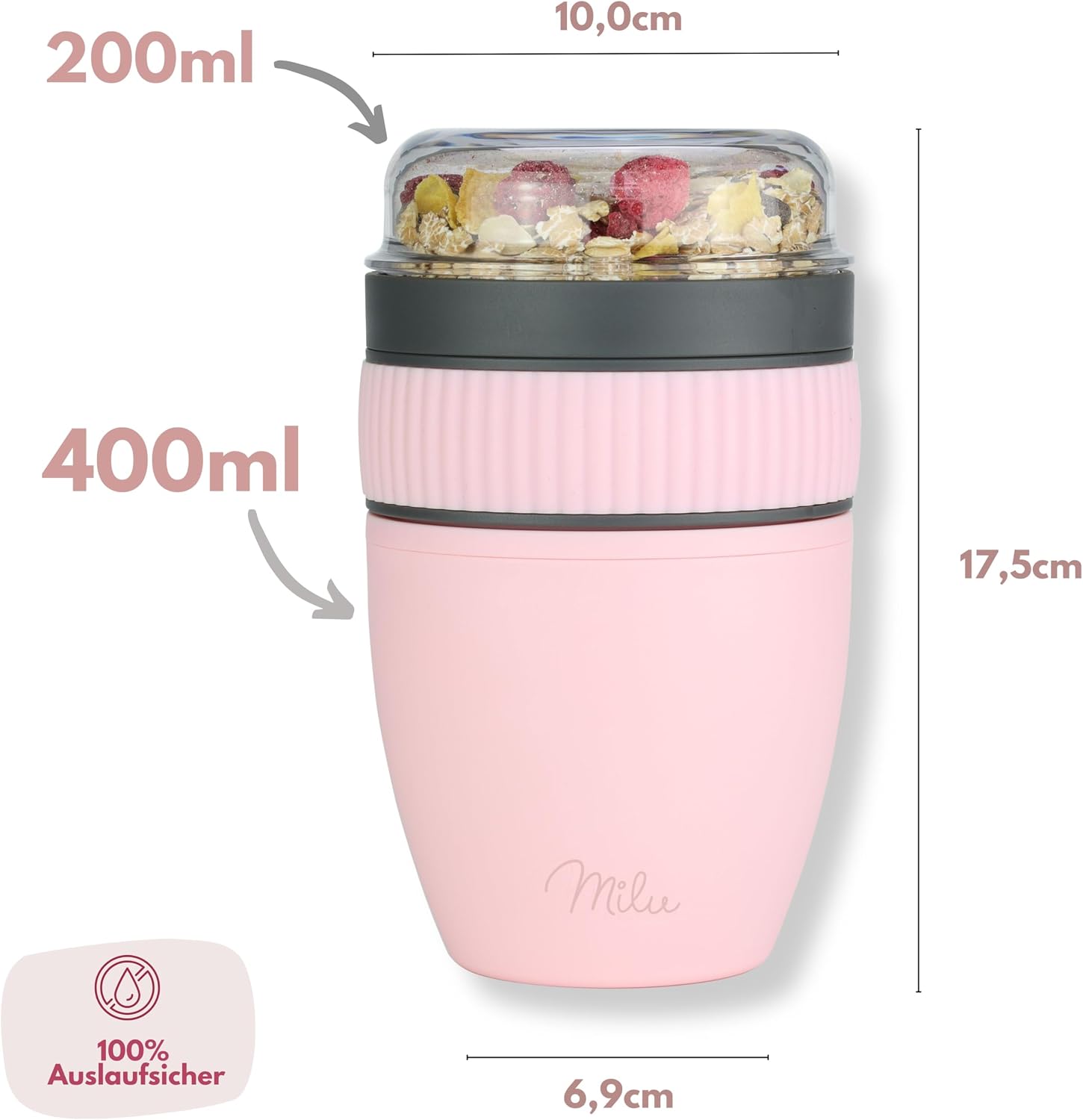 Milu Cereal Cup to Go, 400 ml, MüsliMax, Plastic Yoghurt Cup for Cereal, Leak-Proof Cup with Spoon for Yoghurt/Porridge (Pink) – Bild 6