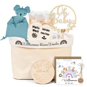 Giftota Baby Gift Boys Girls Newborn Gift Including Nappy Bag, Koala Cuddle Cloth, Milestone Cards Baby Wood, Baby Socks, Cake Decoration Wood, Card for Birth and LED Fairy Lights