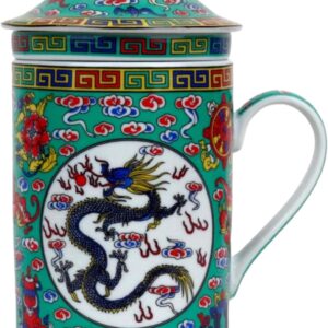 Ceramic Tea Cup with Lid + Strainer for Loose Tea with Asian Motif (Green Dragon, 494) Japanese Chinese Cup for Tea Lovers, Porcellan Coffee Gift Set Asia Asia Mug Cup