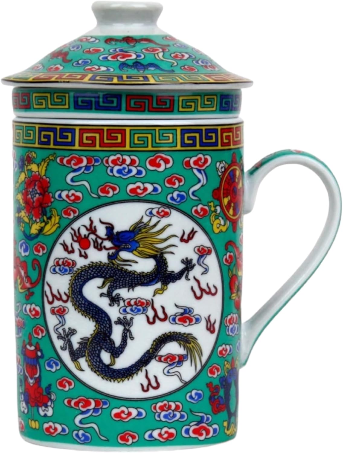Ceramic Tea Cup with Lid + Strainer for Loose Tea with Asian Motif (Green Dragon, 494) Japanese Chinese Cup for Tea Lovers, Porcellan Coffee Gift Set Asia Asia Mug Cup