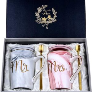Wedding Gifts for Newlyweds, Mr and Mrs Gift for Bride and Groom, Gift Wedding, Anniversary Gift, Coffee Cups Set Ceramic Marble 14 oz for Wedding, Engagements