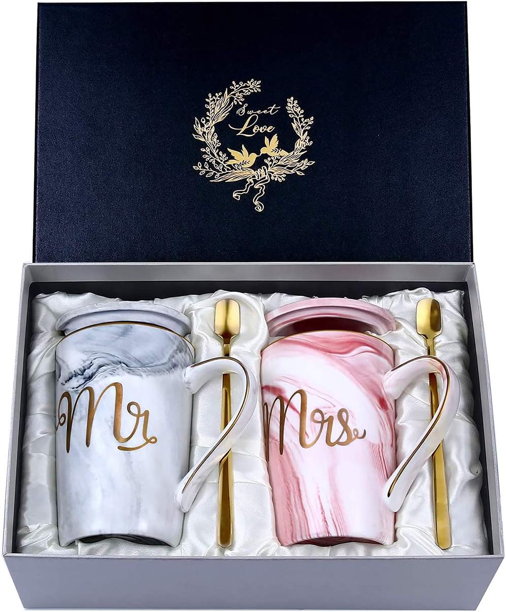 Wedding Gifts for Newlyweds, Mr and Mrs Gift for Bride and Groom, Gift Wedding, Anniversary Gift, Coffee Cups Set Ceramic Marble 14 oz for Wedding, Engagements