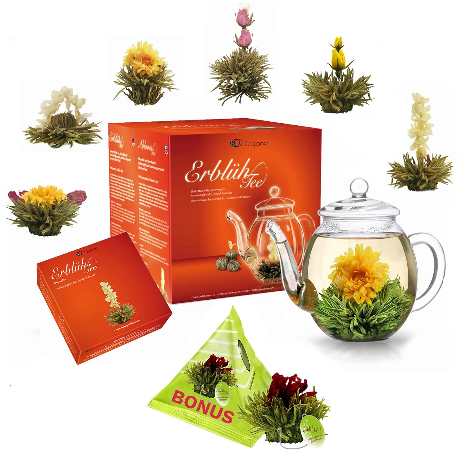 Creano Tea Flowers Gift Set - Blooming Tea with 500 ml Glass Jug & 6 x White Tea + Teelini Green Tea Bonus Ball - 8 Pieces – Bild 9