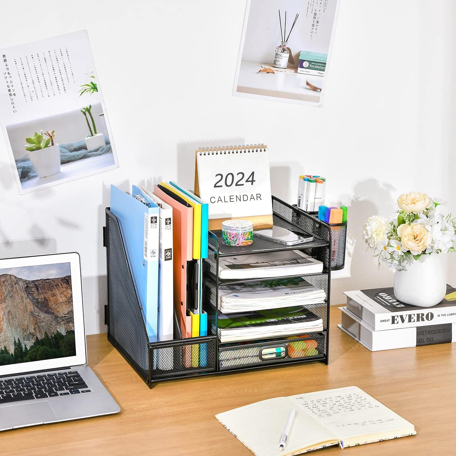 Marbrasse Desk Organiser with File Holder, 5 Tier Paper Letter Tray with Drawer and 2 Pen Holders, Desk Mesh Storage Compartments Organiser with for Office Supplies (Black) – Bild 5