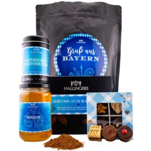 Hallingers Genuss Manufaktur Delicatessen Gift Set – XXL Wonder Bag „Greeting from Bavaria“, Large Gift Chocolate Lover, 4 Chocolates, Herb Butter & Beer Jelly, Gift Idea for Men and Women