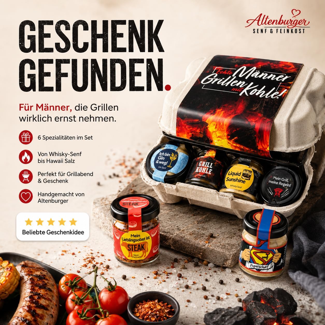 Altenburger Origanl Mustard Set Barbecue Gift Set "Real Men Grilling with Charcoal", Gift Idea for Men and Women, Gift Basket, Gift Box as Easter Gift – Bild 4